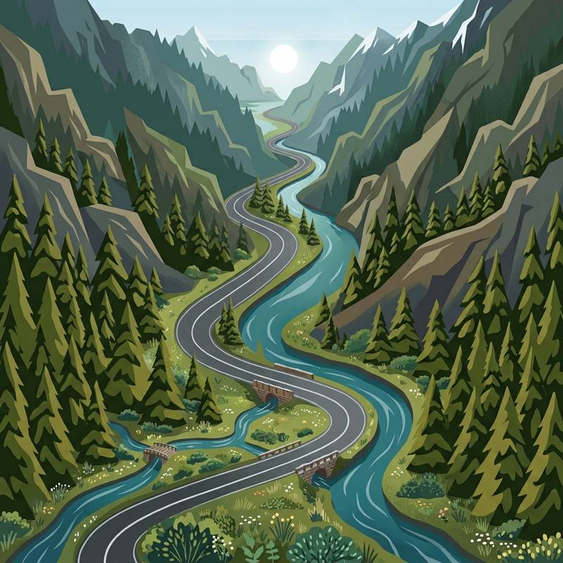 The Gallatin Canyon in summer: the highway and the river winding together between forested walls.
