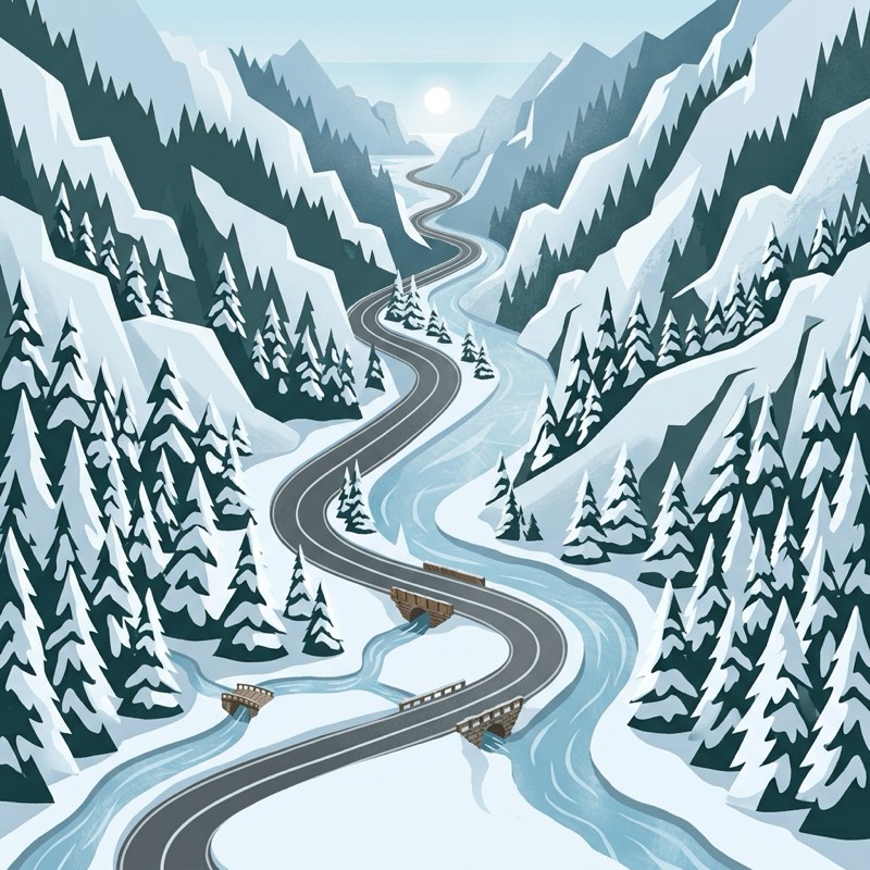 The same canyon under snow, the road ploughed and the river running between white banks.